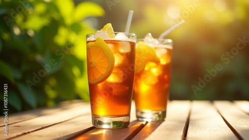 Two glasses of iced tea with fresh lemon slices, captured in warm sunlight with a lush green background. Perfect for summer, beverages, and outdoor refreshment themes.