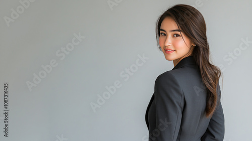 Indonesian business woman in suit blazer isolated on gray, lawyer secretary