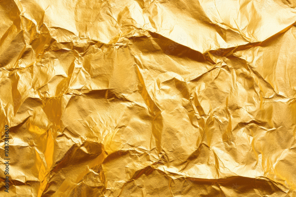 Close-up of crinkled golden foil, showcasing its reflective texture and vivid color, perfect for backgrounds, art, or design projects. Close-up of crinkled golden foil, showcasing its reflective texture and vivid color, perfect for backgrounds, art, or design projects.