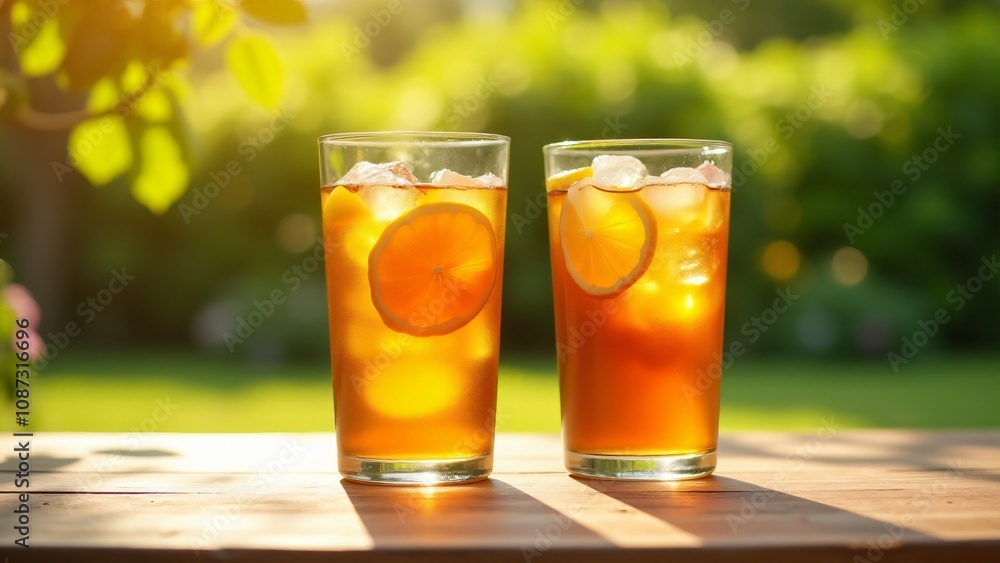 Two glasses of iced tea with fresh lemon slices, captured in warm sunlight with a lush green background. Perfect for summer, beverages, and outdoor refreshment themes.