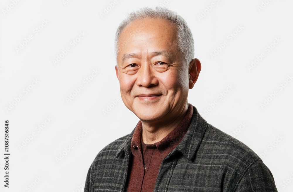 Obraz premium An elderly Asian man with gentle smile stands against solid gray background, embodying inner peace, happiness. His calm expression, relaxed posture capture naturally serene moment.
