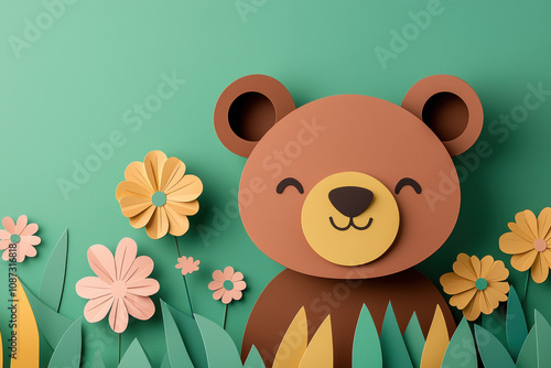 Wallpaper Mural A cheerful paper bear surrounded by colorful flowers in a vibrant, playful environment, perfect for children's themes and nature-inspired designs. Torontodigital.ca