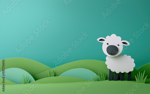 A cute, paper-cut style sheep standing on a lush green hill against a serene blue background, perfect for playful or whimsical designs. photo