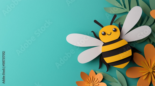 A vibrant paper-crafted bee surrounded by colorful flowers, showcasing creativity and nature's beauty in a whimsical design.