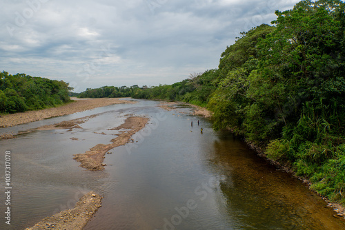 River in tropical amazonian zone in Bolivia, Chapare, river surrounded by foliage and vegetation.