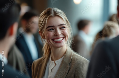 Wallpaper Mural young woman with a confident smile interacts with professionals at a networking event, embodying openness and a strong networking purpose. Torontodigital.ca