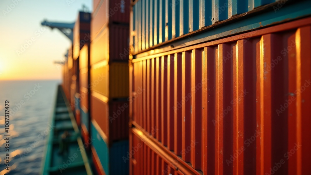 Close-up of colorful shipping containers stacked on a cargo ship, with a serene ocean and sunset in the background. Perfect for logistics, global trade, and maritime transport themes. Close-up of colorful shipping containers stacked on a cargo ship, with a serene ocean and sunset in the background. Perfect for logistics, global trade, and maritime transport themes.