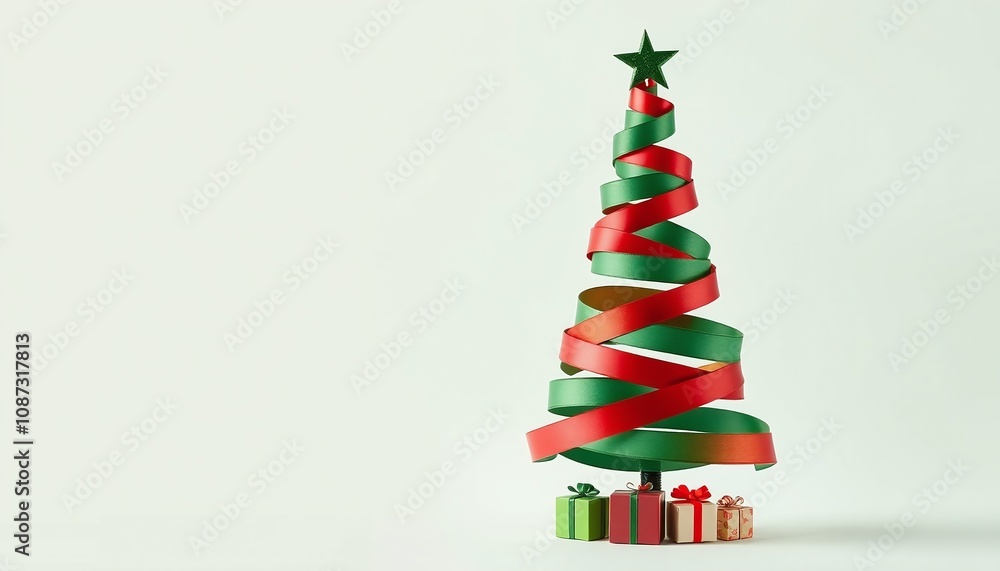An artistic arrangement of green and red ribbons gracefully coiled into a Christmas tree silhouette against a soft pastel background, leaving the left side as negative space. An artistic arrangement of green and red ribbons gracefully coiled into a Christmas tree silhouette against a soft pastel background, leaving the left side as negative space.