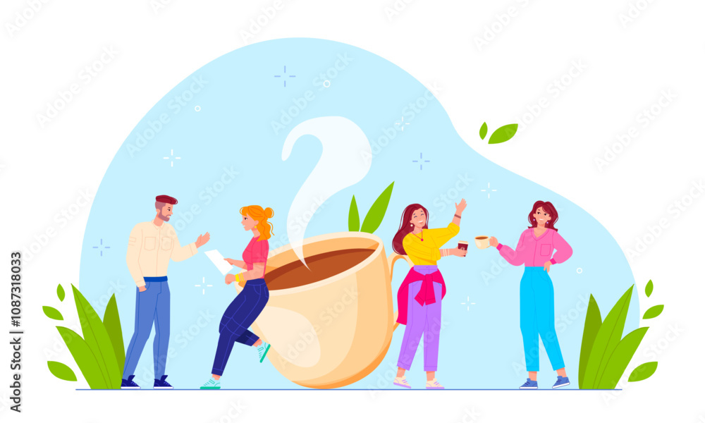 Colleagues coffee break. Business partners or office team employes relaxing breaks drinks hot drink mug, working discussing conversation breakfast meeting vector illustration Colleagues coffee break. Business partners or office team employes relaxing breaks drinks hot drink mug, working discussing conversation breakfast meeting vector illustration