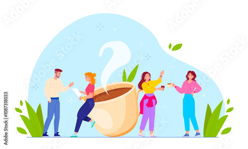 Colleagues coffee break. Business partners or office team employes relaxing breaks drinks hot drink mug, working discussing conversation breakfast meeting vector illustration