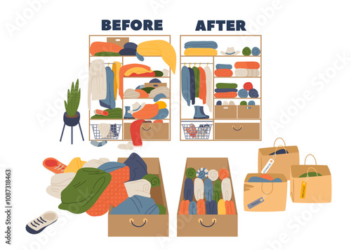 Messy and neat wardrobe drawer clothes organizer before untidy and after tidy cleaning on shelves