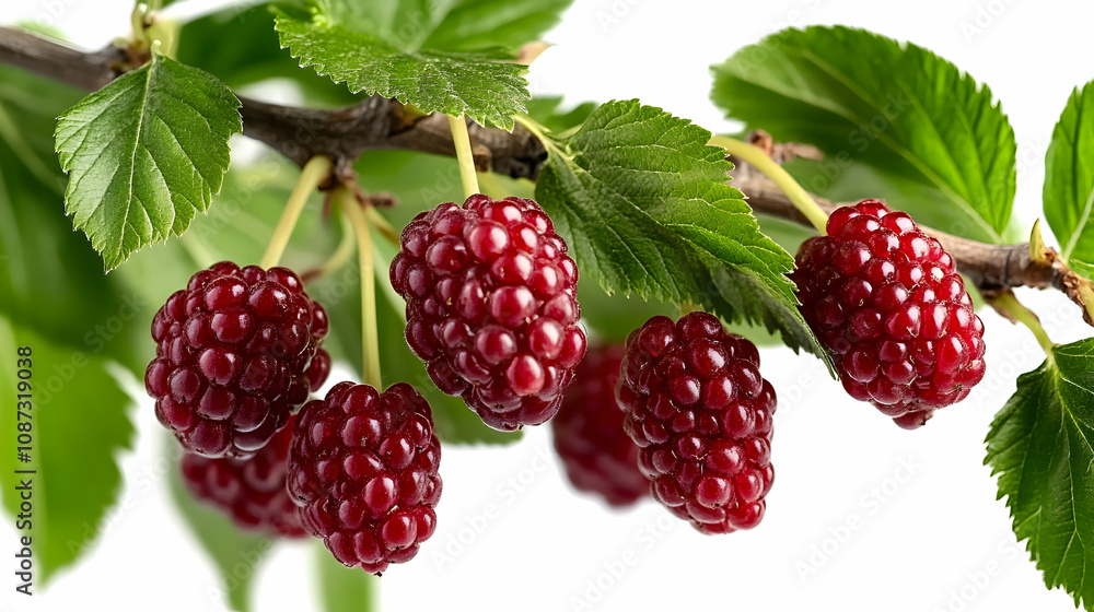 Close-up of Ripe Red Berries Growing on a Branch with Lush Green Leaves, Isolated on White Background Close-up of Ripe Red Berries Growing on a Branch with Lush Green Leaves, Isolated on White Background