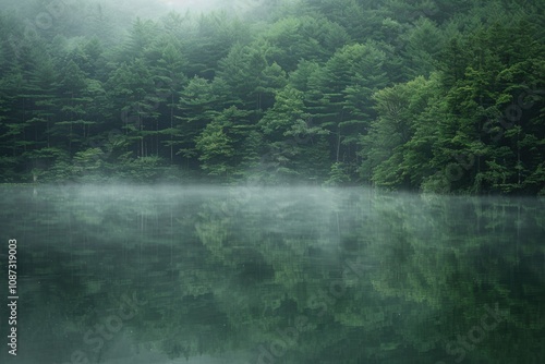 Misty Forest Reflects in Calm Lake Creates Tranquil Scene Peacefully