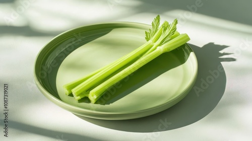 A soft green plate with one celery stick, minimalist food styling, high resolution, realistic