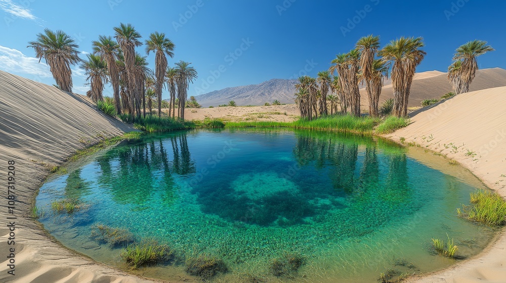 Fototapeta premium Serene Oasis with Crystal Clear Lake in Desert Landscape