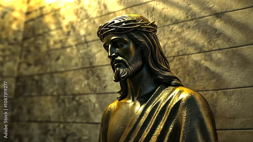 A golden D figure of Jesus against a textured wall, his face illuminated by light from above, merging the divine with contemporary artistic forms. A golden D figure of Jesus against a textured wall, his face illuminated by light from above, merging the divine with contemporary artistic forms.