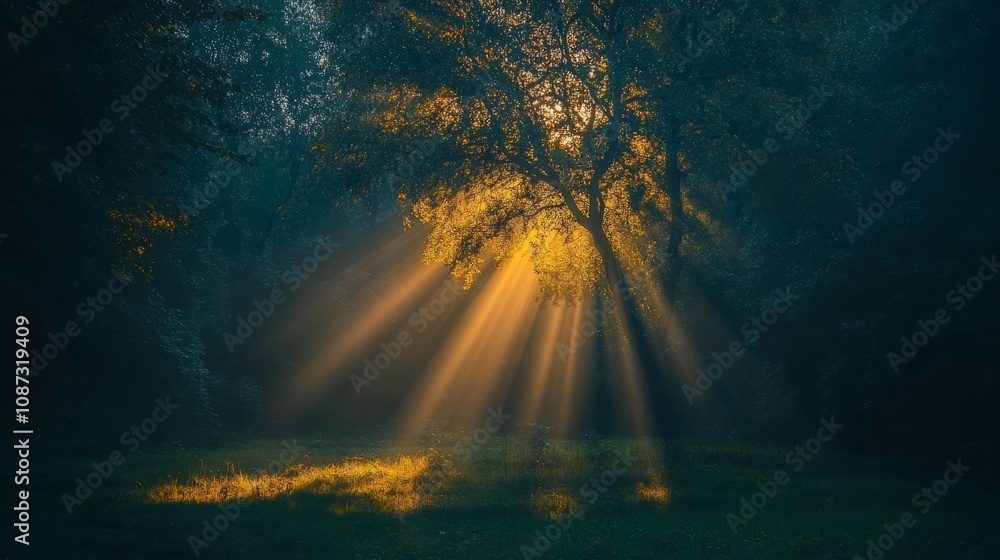 Sun Rays Through Tall Trees in a Serene Forest Sun Rays Through Tall Trees in a Serene Forest