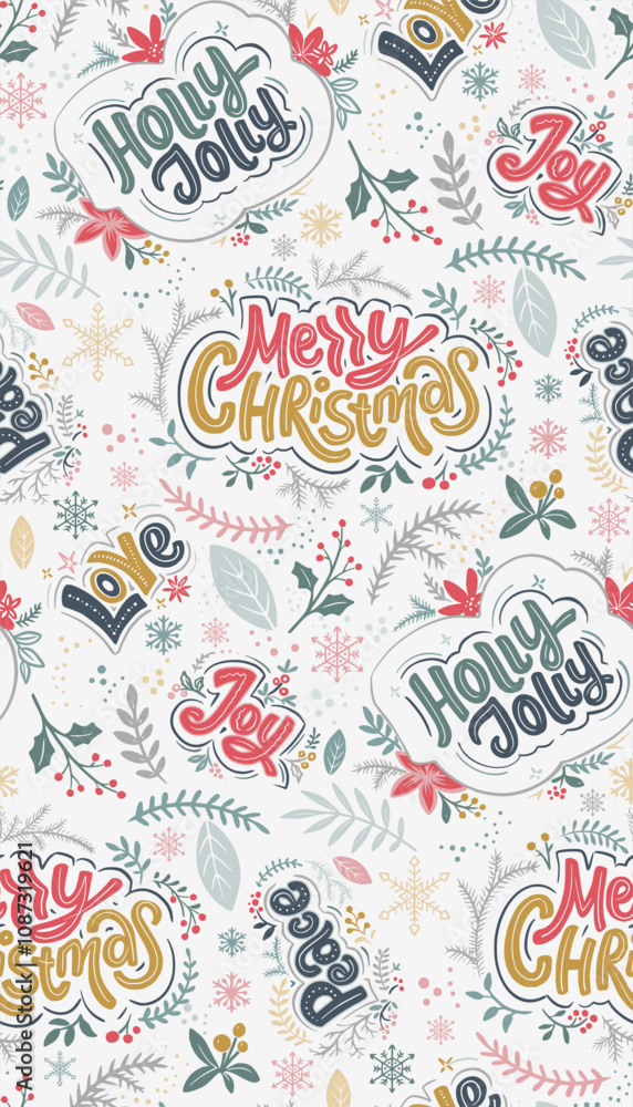 Fototapeta premium Vector Christmas seamless pattern with hand written holiday phrases, winter plants, snowflakes, decorations. Vector endless background of new year symbols in modern graphic style