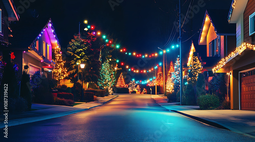 A neighborhood street glowing with festive Christmas lights on houses and trees, celebrating the holiday spirit 