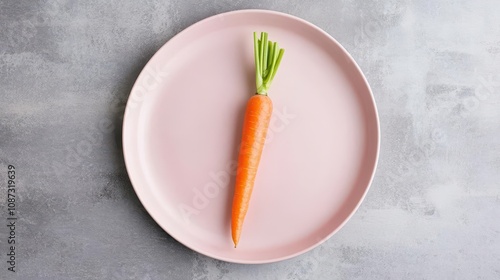 A light pink plate with a single baby carrot, pastelcolored food styling, high resolution, realistic photo