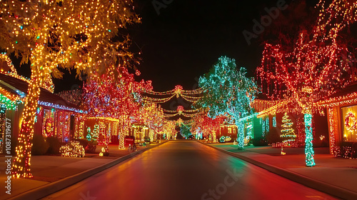 A neighborhood street glowing with festive Christmas lights on houses and trees, celebrating the holiday spirit  photo