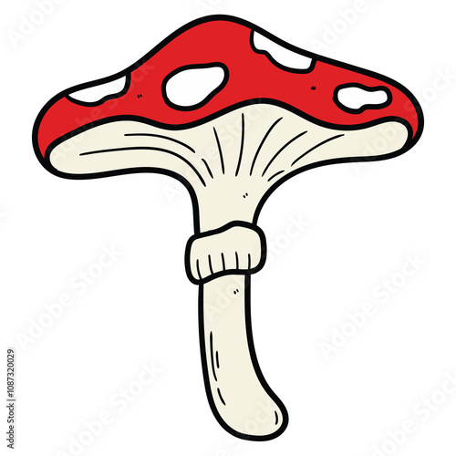 Hand drawn cartoon fly agaric mushroom on white background.