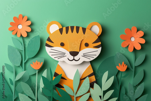 Wallpaper Mural A cute paper-cut tiger surrounded by vibrant flowers and green leaves, creating a playful and cheerful atmosphere in a stylish design. Torontodigital.ca