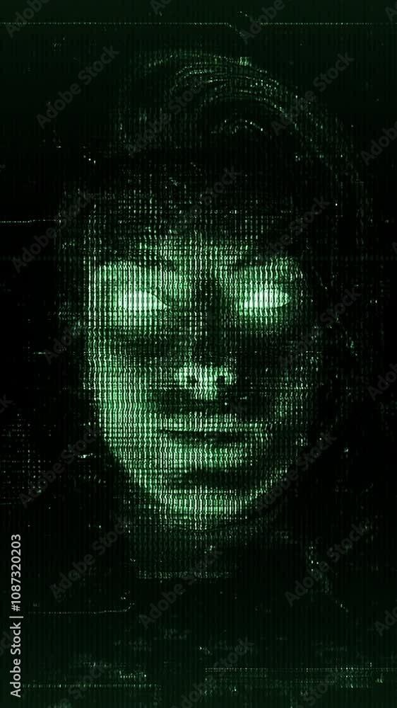 A computer generated female face with glowing eyes emerges within a digital screen, representative of Artificial Intelligence, with digital glitch effects. A computer generated female face with glowing eyes emerges within a digital screen, representative of Artificial Intelligence, with digital glitch effects.