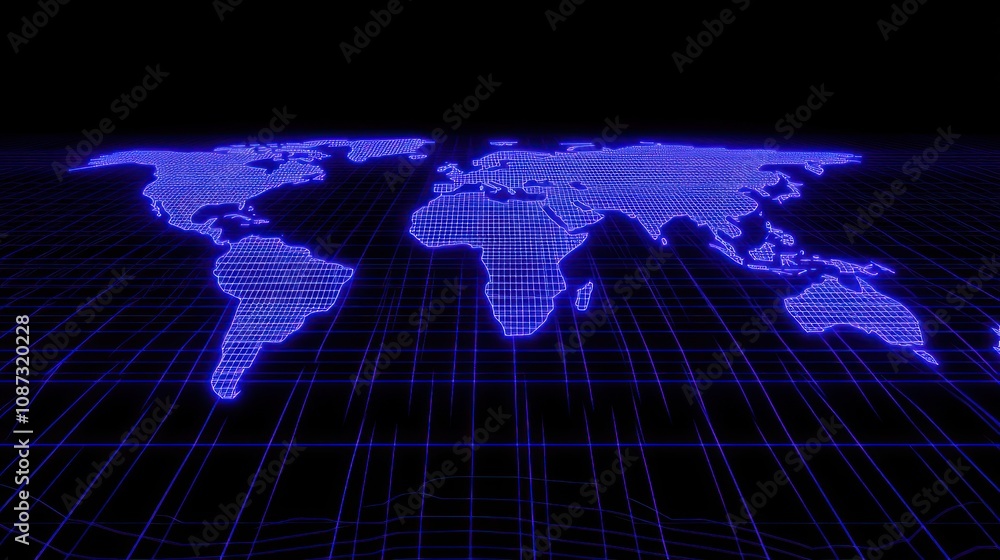 A neon blue world map on a grid background, illustrating global connectivity. A neon blue world map on a grid background, illustrating global connectivity.