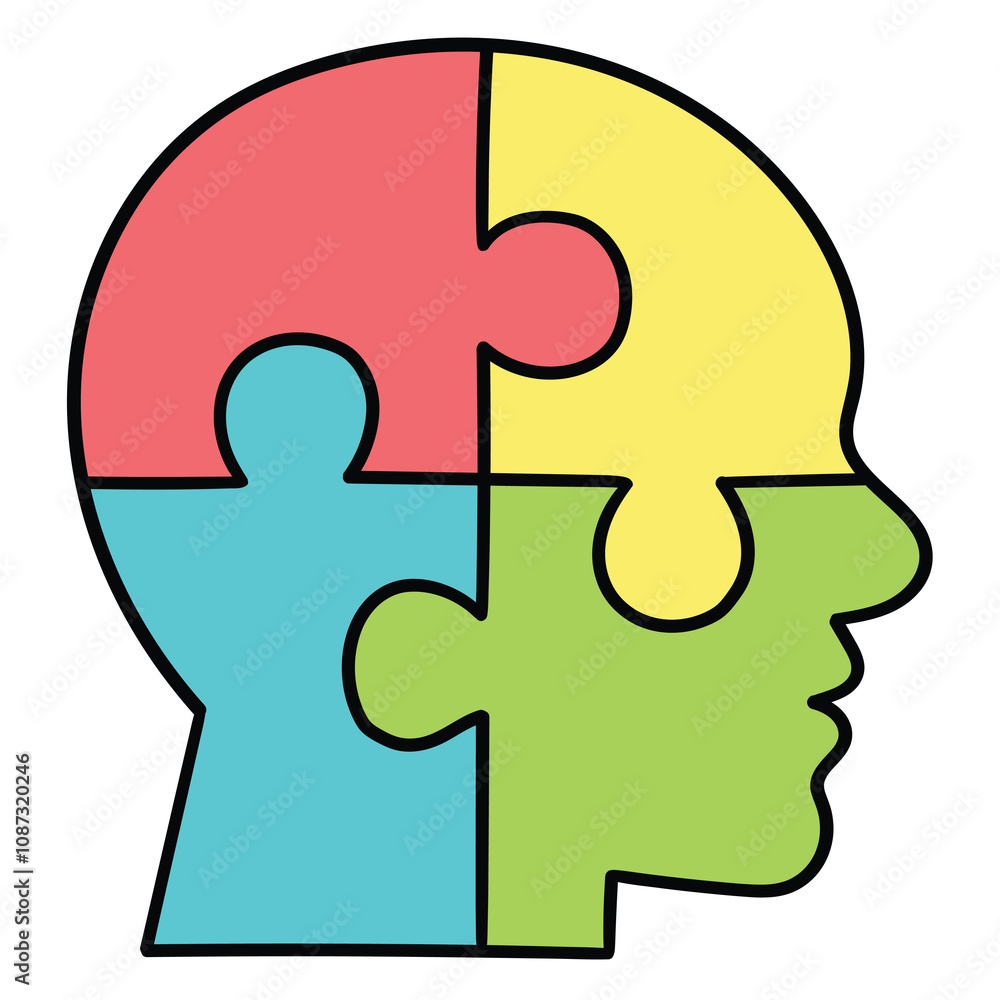 Hand drawn cartoon human head colored puzzle on white background. Hand drawn cartoon human head colored puzzle on white background.