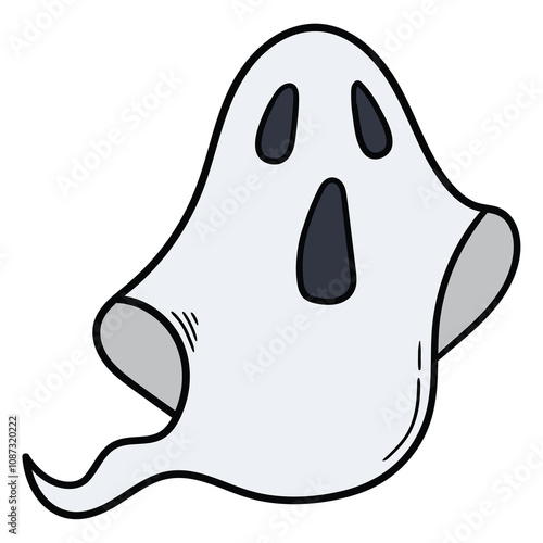 Hand drawn cartoon ghost on white background.