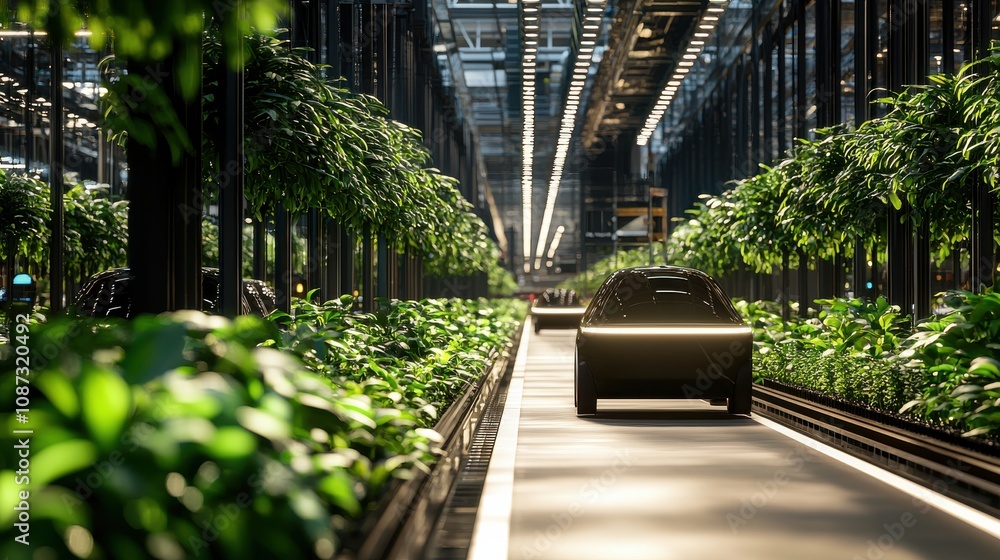 A sleek car navigates through a lush indoor greenhouse filled with vibrant plants and natural light, showcasing a blend of technology and nature. A sleek car navigates through a lush indoor greenhouse filled with vibrant plants and natural light, showcasing a blend of technology and nature.