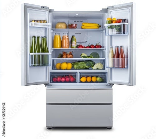 Modern Refrigerator with Fresh Produce and Drinks photo