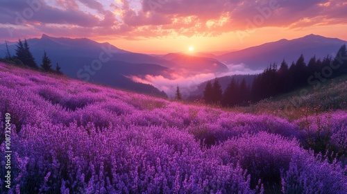 Misty Sunset Over Purple Heather Hills