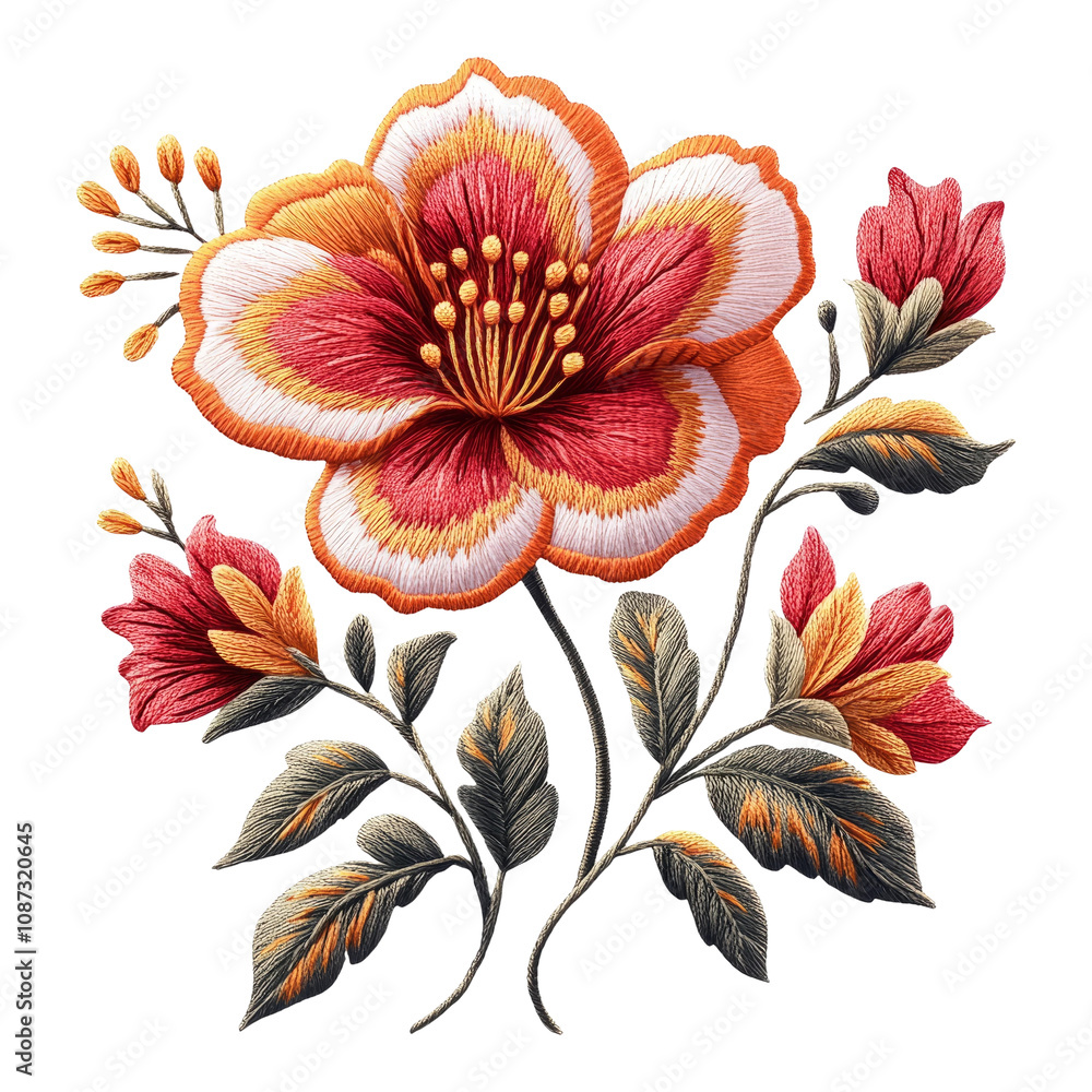 Obraz premium Colorful Floral Embroidery Design with Blossoms and Leaves