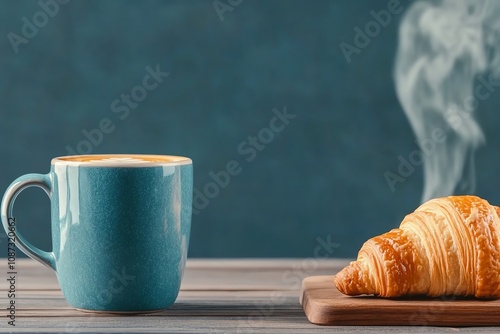 A steaming cup of coffee next to a fresh, golden croissant on a wooden board. photo