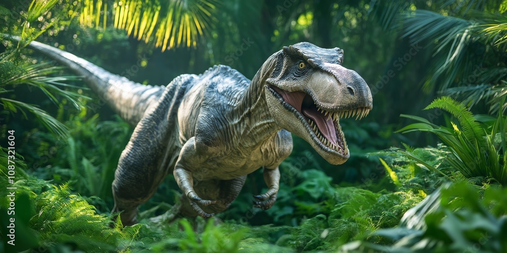 Fototapeta premium A dinosaur is running through a jungle. The jungle is lush and green