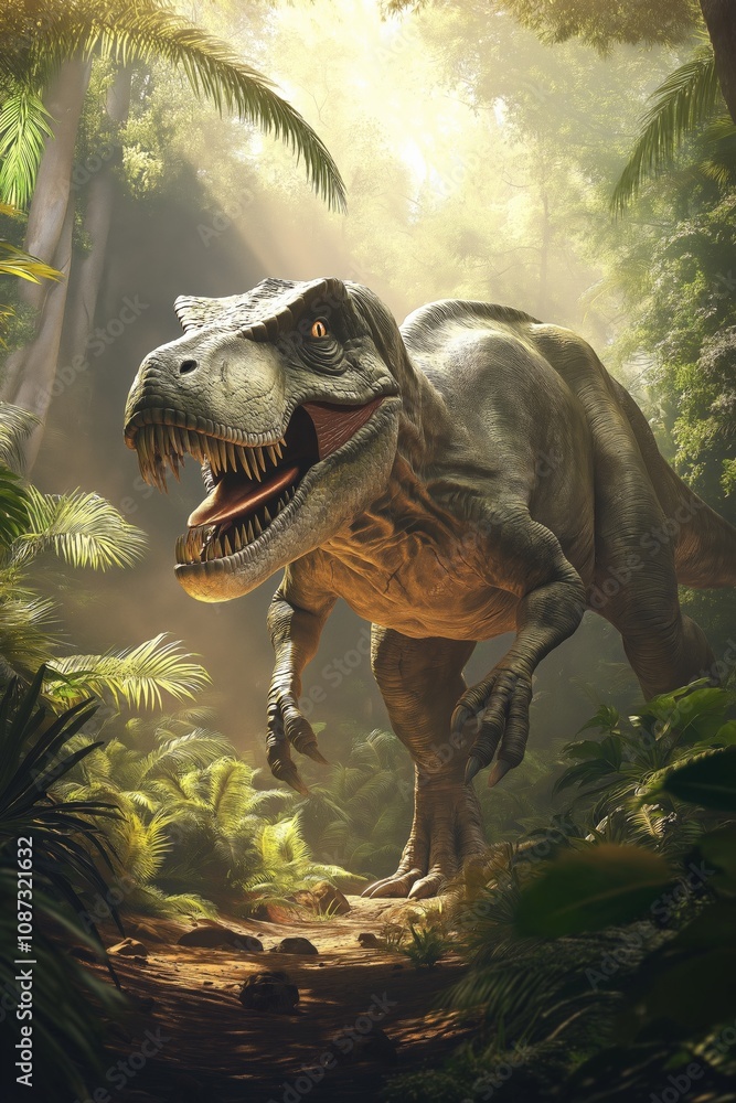 Obraz premium A large T-Rex is walking through a jungle. The scene is bright and sunny, with the sun shining through the trees. The dinosaur is the main focus of the image, and it is in a playful mood