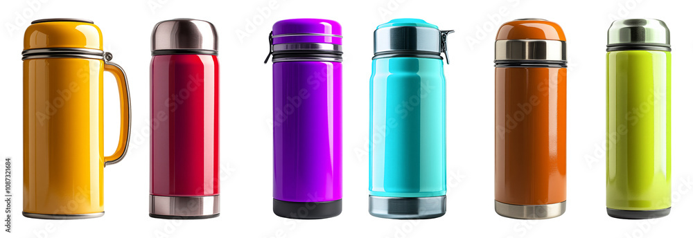 Colorful Insulated Flasks on Transparent Background Colorful Insulated Flasks on Transparent Background