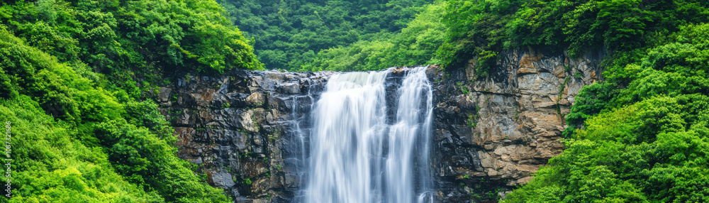 Obraz premium A stunning waterfall cascades down rocky cliffs, surrounded by lush green foliage, creating a serene and breathtaking natural landscape. Perfect for nature lovers.