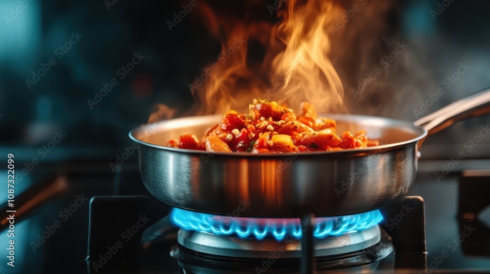 A stainless steel frying pan filled with vibrant vegetables sizzling on a blue gas flame, creating a burst of flames and aromatic steam in a kitchen setting. A stainless steel frying pan filled with vibrant vegetables sizzling on a blue gas flame, creating a burst of flames and aromatic steam in a kitchen setting.