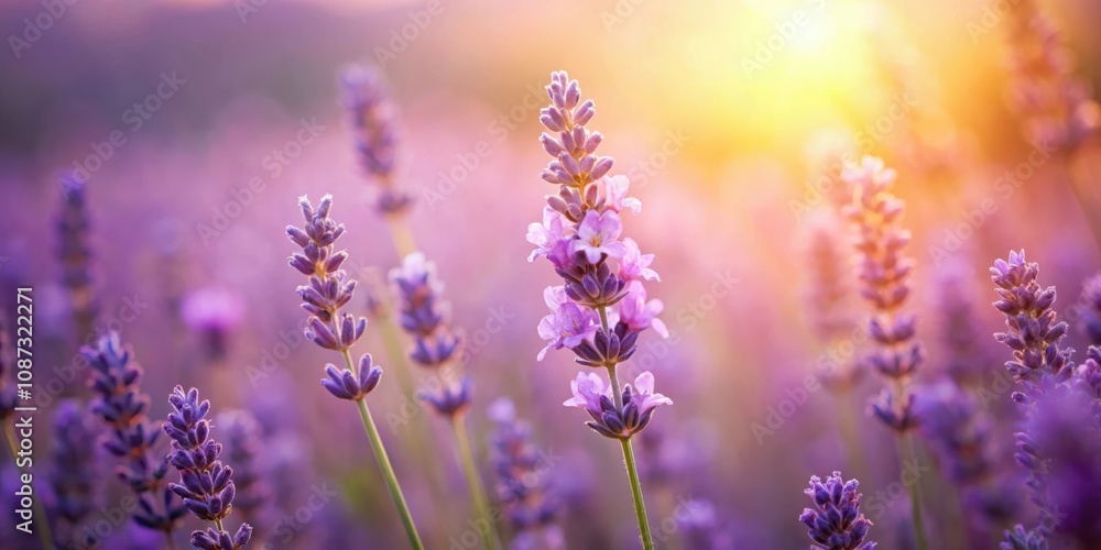 Naklejka premium Delicate Lavender Blossoms Bathed in Golden Sunlight, Their Purple Hues Shimmering Amidst a Field of Fragrant Flowers