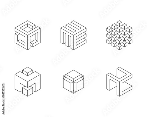 Black and white Cube logo, geometric vector design. Set box logotype company, trendy techno emblem in isometric 3D style.