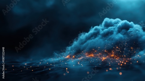 A sprawling cloud spreads over a dark backdrop, dotted with glowing particles and interconnected lines, symbolizing complexity and interconnectedness.