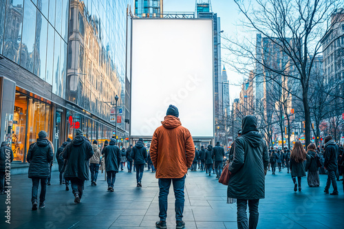 Homme de dos regardant un panneau blanc dans la rue photo