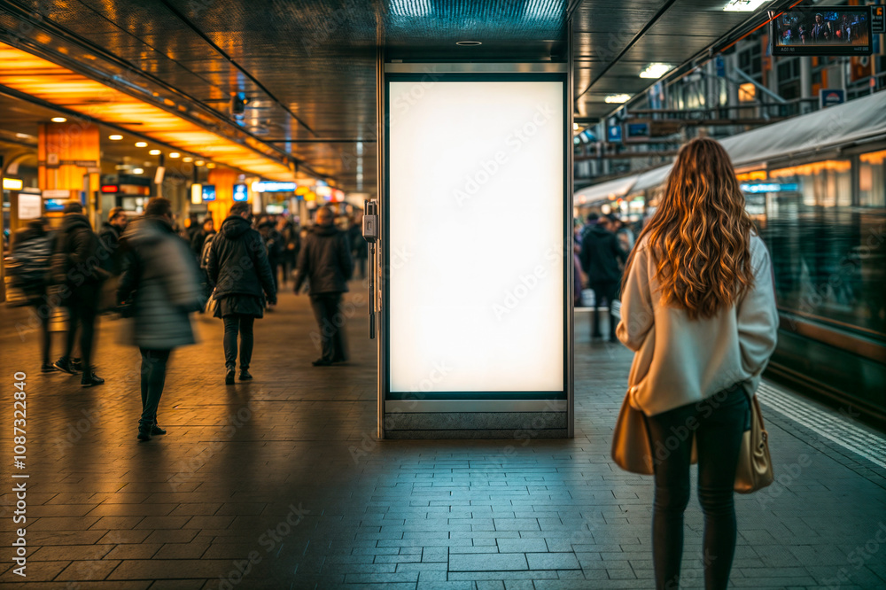 Femme de dos regardant un panneau blanc dans une gare Femme de dos regardant un panneau blanc dans une gare