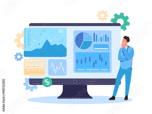 Professional data auditing. Business analist inspecting kpi finance cost report spreadsheet dashboard, financial manager analysis corporate budget coordination vector illustration