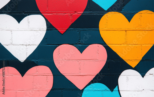 Colorful heart shapes painted on a vibrant wall, showcasing love and creativity in modern street art.
