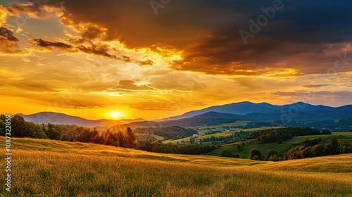A serene and picturesque landscape with vibrant colors during sunset, illustrating natural beauty and visual attractiveness.