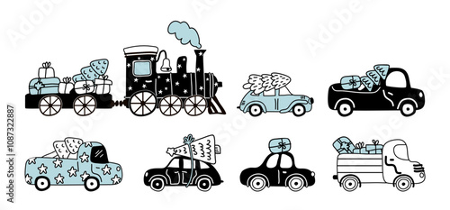 Christmas transport doodle set with car, train, lorry truck, retro automobile driving xmas tree